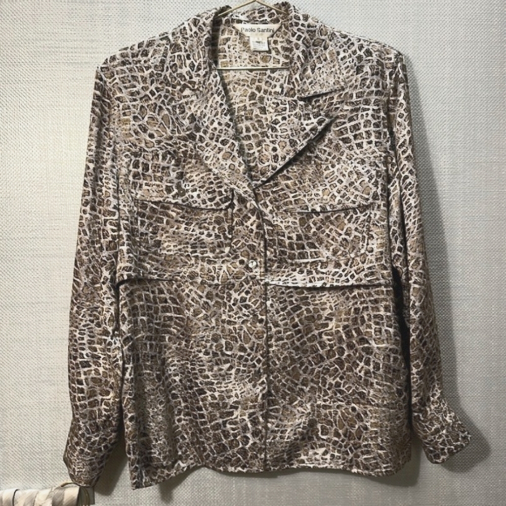 VINTAGE Paolo Santini 100% Silk shirt jacket Size 10 Gorgeous camp collar